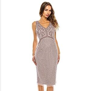 NWT Adrianna Papell Lilac Gray Beaded Empire Waist Midi Dress